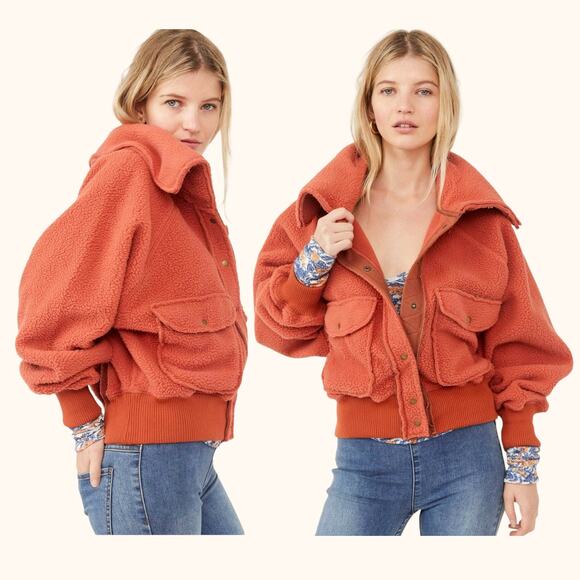 FREE PEOPLE Shasta Cardi Sherpa Bomber Jacket Snap Closure Orange Relaxed L - Picture 14 of 14